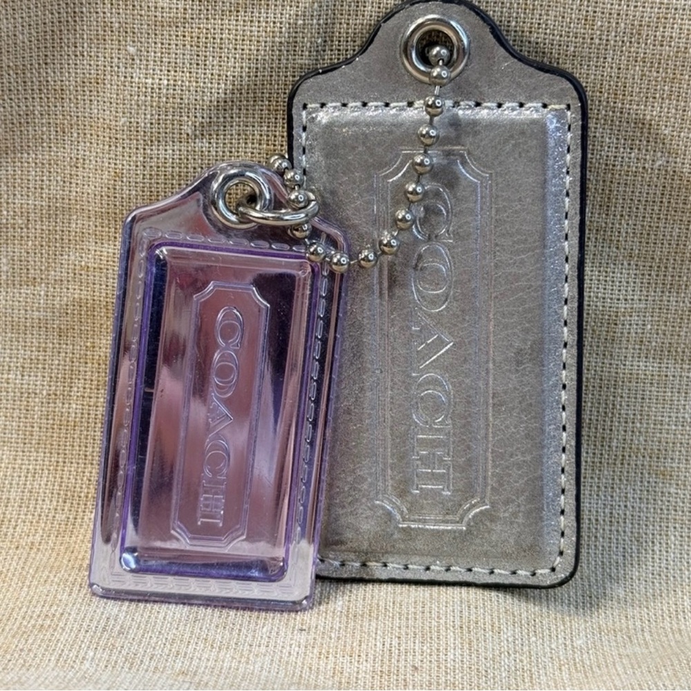 Coach Silver Leather and Lilac Acrylic Tag Keychain